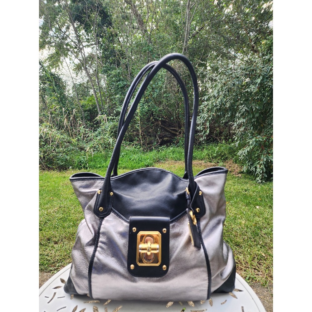 B. Makowsky Metallic Silver Black Leather Tote Bag Gold Turn Lock Shoulder Bag